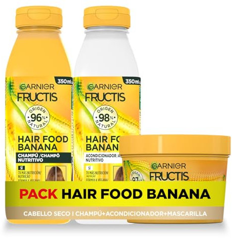 Garnier Fructis Hair Food Pack Banana Nutritiva con Champú, Acondicionador y Mascarilla. Limpia, Desenreda y Nutre, Para Cabello Seco, Fórmula Vegana, Sin Siliconas
