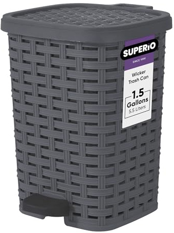 Superio Wicker Step On Trash Can with Foot Pedal – Outdoor and Indoor Grey 6 qt Trash Can, Waste Basket for Bathroom, Kitchen, Office, Patio, or Backyard