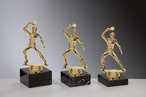 Henecka 🏓 Herren Tischtennis Pokal Tischtennis Trophäe Schraubfigur Tischtennis-Spieler Gold, Marmorsockel schwarz, mit Wunschgravur, wählbar in 3 Größen oder als 3er-Serie (Sockel 65 x 30 mm)