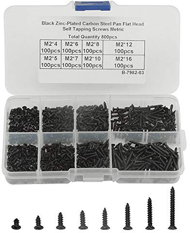 XLX 800 Stück 8 Arten M2 schwarz verzinkte Senkkopfschrauben selbstschneidende Schrauben aus schwarzem Oxid Edelstahl Flachkreuz Linsenkopfschrauben Sortiment Set gesammelt in einem praktischen Koffer