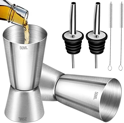 Nerissa Jigger Spirit Measure 25ml 50ml 2 PCS Stainless Steel Jigger Bar Measuring with Pour Spout and Brushes for Liquor Drinks
