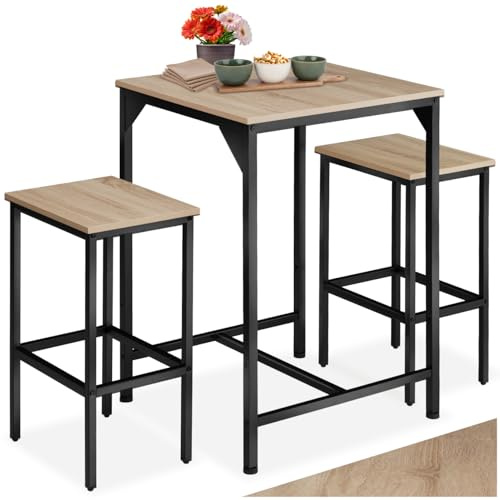 tectake® Mesa Alta de Bar con 2 Taburetes, Mueble de Cocina Estilo Industrial, Diseño Comedor y Mesa Cocina, Muebles de Salon, Taburete - 120 x 60 x 91 cm Madera Industrial Clara, Roble Sonoma