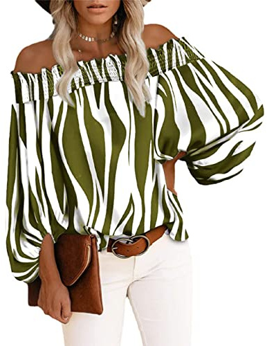OHXSM Dam sommar off-shoulder toppar för kvinnor chiffong blus casual skjortor blus kvinnor axellösa toppar sommar långärmad blusar randig skjorta randig sexig mode axel chiffong skjorta, C-grönt, XXL