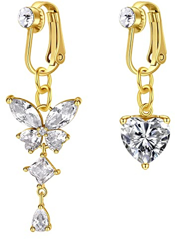vcmart 2stk Fake Bauchnabelpiercing Rings Gold Falsch Piercing Bauchnabel mit Anhänger Faux Bauchpiercing Clip on aus 316L Chirurgenstahl