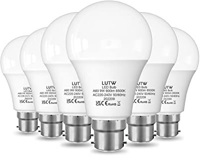 LUTW B22 Led Light Bulbs Bayonet, 60W Equivalent, Cool White 6500K, 9W 900lm LED Bulbs, BC GLS Energy Saving Light Bulbs, Non-dimmable, Pack of 6