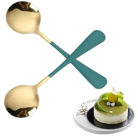 2Pcs Soup Spoons, Round Head Stainless Steel Soup Spoon Metal Korean Spoon Dinner Table Spoon Wide Tablespoons for Soup Dessert Coffee(Green)