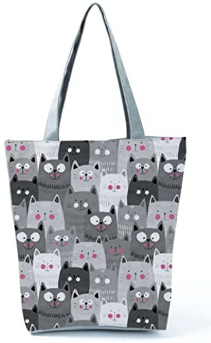 INN Animals Damentasche aus Baumwollleinen, Einkaufstasche, Einkaufstasche, Tragetasche, Einkaufstasche, Einkaufstasche, Einkaufstasche, mit Cartoon-Muster, Tiermotive, Katze, Grau, 37.0 x 27.0 x 8.0