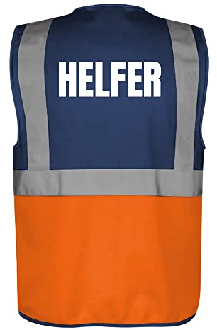 Fassbender-Druck WARNWESTEN - Sicherheitsweste NAVY/ORANGE mit Taschen und Reißverschluss nach EN ISO 20471 zertifiziert - Warn Weste für HELFER - Unisex mit hochwertigem Reflektorstreifen