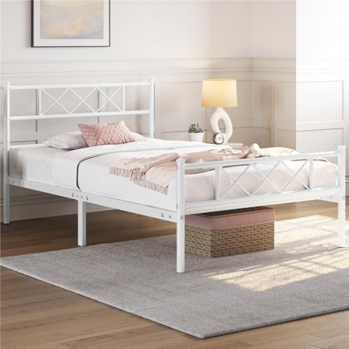Yaheetech Struttura Letto Singolo Metallo per Materasso 90 x 200 cm Bianco | Testiera a Forma di X, Rete a Doghe in Ferro, Telaio Robusto, con Spazio di Stoccaggio, Adatto Camera da Letto Dormitorio