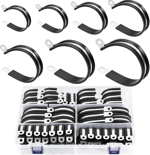 56PCS Large Stainless Steel Rubber Coated Cushioned Insulated Cable Clamps Assortment Kit - Automotive & Pipe Clamps in 7 Sizes - 3/4 to 2