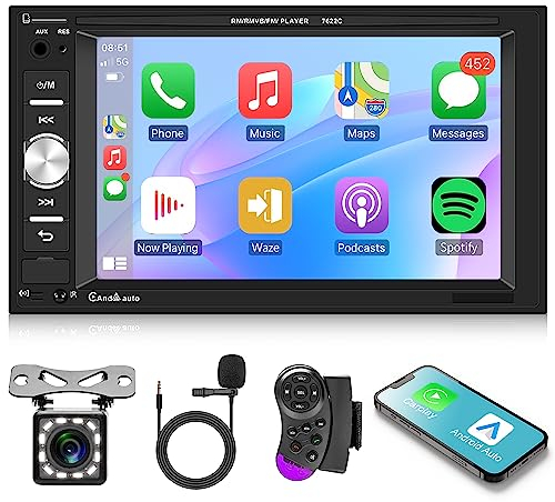 Apple Carplay Autoradio 2 Din mit Android Auto Bluetooth Freisprecheinrichtung 6.2 Zoll Touchscreen Autoradio mit Mirror Link FM/USB/AUX/EQ/TF Lenkradsteuerung + Rückfahrkamera Mikrofon Fernbedienung