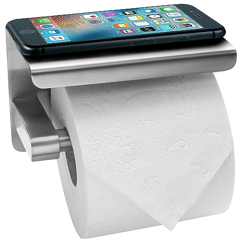 Dolvhin Toilettenpapierhalter mit Ablage | Klopapierhalter ohne Bohren selbstklebend Edelstahl | Klorollenhalter zum Kleben oder Bohren | Papier Halterung Badezimmer Aufbewahrung | Silber Gebürstet