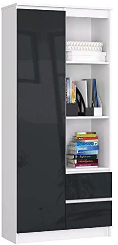 AKORD Büro-Bücherregal CLP 80 cm 7 Regale 2 Schubladen und Türen | für Dokumente Bücher für einen Schlafzimmerschrank Bücherregale Laminierte Platte 16 mm | Weiß & Graphit Glanz Front