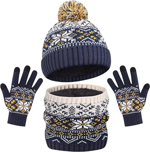 IBLUELOVER Kindermütze Schal Handschuhe Set Warm Strickmütze Jungen Wintermütze Cartoon Beanie Hut Touchscreen Strickhandschuhe Mädchen Loop Halstuch Outdoor Sport Bommelmütze für Radfahren Skifahren