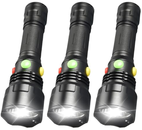 MODOAO 4 in 1 Multicolor Torch Flashlight, 3 Pack IPX6 Waterproof Magnetic Torches, 9 Modes LED Torch with White/Red/Green/Yellow Light, for Night Vision, Camping, Hiking, Fishing, Hunting