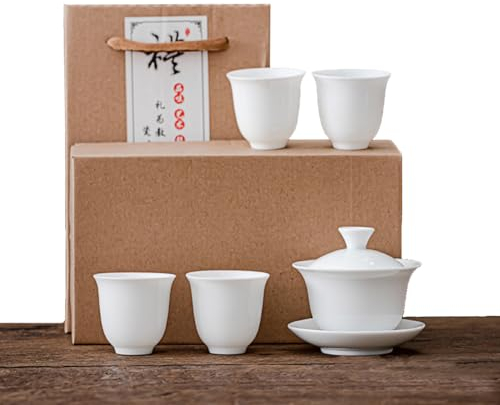 Liang baobao Gaiwan - Set di 4 tazze da tè in porcellana cinese, colore: bianco