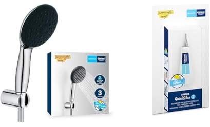 Grohe Vitalio 110 - Wandhalterset wassersparend ~8l/min + Kleber (3 Strahlarten, Standardanschluss, mit 175cm Brauseschlauch und Brausehalter), rund, chrom