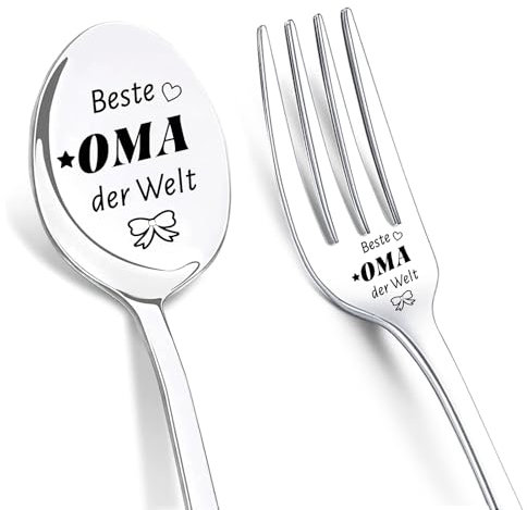 LIHIQIYA Oma Geschenk Weihnachten, Kaffeelöffel mit Gravur, Gabeln mit Gravur, Beste Oma Der Welt, Löffel und Gabelnl Geschenke Set, Teelöffel und Kuchengabeln Weihnachts Geburtstagsgeschenk für Oma