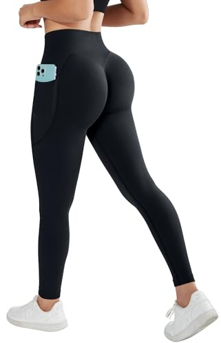 RXRXCOCO Invisible Scrunch Butt Sport Leggings Damen Lang Blickdicht Push Up Sporthose High Waist Gym Laufhose mit Taschen