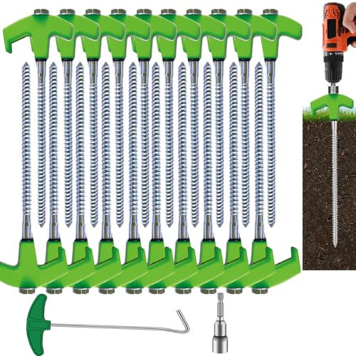 Heavy Duty Screw Tent Stakes, 20cm Bodenanker Schrauben, Metall Gewinde Zeltheringe, Zelt Peg Camping Pfähle mit Sechskantschlüssel und T-Haken und Aufbew (20, Greener)