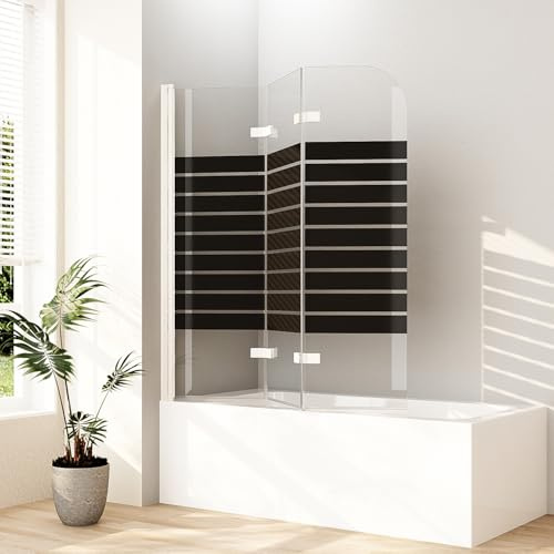Gestreift Duschwand für Badewanne, Duschwand 130x140cm 3-teilig faltbar Duschtrennwand für Badewanne Duschabtrennung Badewanne Milchglas Badewannenaufsatz 6mm ESG Sicherheitsglas, Weiß