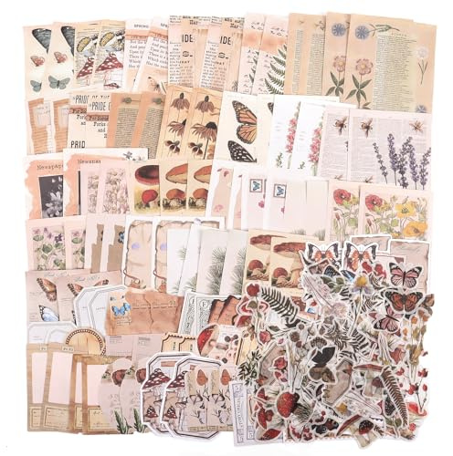 Huoberr Vintage Scrapbook Supplies Pack (200 Pieces) for Junk Journal Bullet Journals Planners Botanical Paper Stickers Craft Kits Aesthetic Cottagecore Collage Album