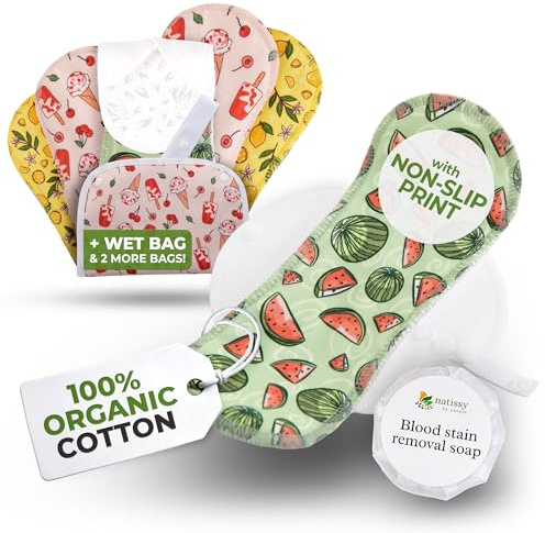 Stoffbinden waschbar mit rutschfestem Druck für Mädchen (S+M, 6er-Pack); kleine, dünne, wiederverwendbare Binden aus Bio-Baumwolle; Mehrweg-Binden waschbar bei hoher T° für eine bequeme erste Periode