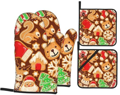 Ofenhandschuhe und Topflappen, Lebkuchen, Kekse, verschneit, hitzebeständig, Küchen-Backhandschuhe, rutschfeste Oberfläche zum Kochen, Backen, Grillen, Grillen