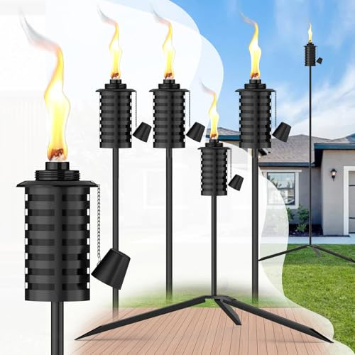 FAN-Torches 6 Pack Garden Torch with Tripod Footprint, 55 Inch Outdoor Metal Torch Garden Décor, Upgraded Home Citronella Torches, Metal Light Torches for Any Yard, Pathway, Backyard
