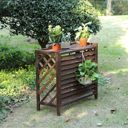 Estante de madera para aire acondicionado al aire libre con rejilla para plantas, cubierta protectora para unidades de CA y cubos de basura, caja independiente (tamaño pequeño: 85 x 35 x 75 cm)