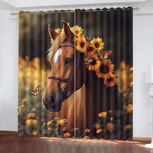 Generisch Sonnenblumenpferd 3D Vorhänge Blickdicht Mit Ösen 2Er Set,Kinder Gardine Verdunkelungsgardine Für Wohnzimmer Schlafzimmer Kinderzimmer Dekoration,H 140Cm X B 60Cm,Chlia636