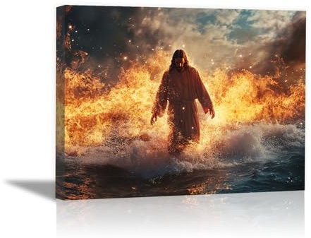 DMZPKZB Christus Gott Leinwand Gemälde, Feuer Jesus Christus Wandkunst,Jesus Bild,Religiöses Dekor für Kirche Büro Wohnzimmer Inspiration - 80x120cm Ungerahmt(Golden)