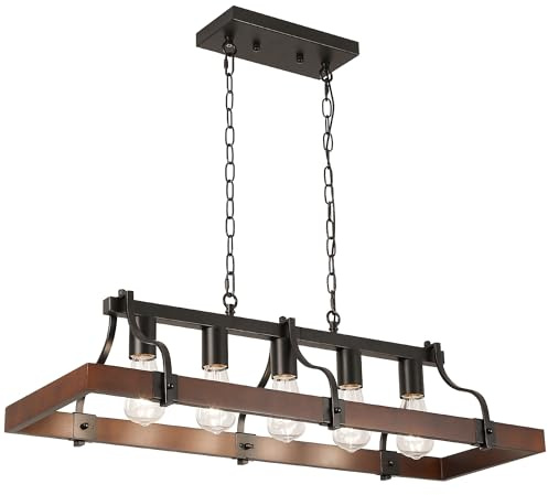 HvKvHvY 5-Licht AnhäNger Deckenbeleuchtung Pendelleuchte Holz Kronleuchter Vintage Linear Rustikale Bauernhaus Befestigung E27 Basis FüR KüCheninsel Esszimmer Restaurant Pendelleuchte, Holz