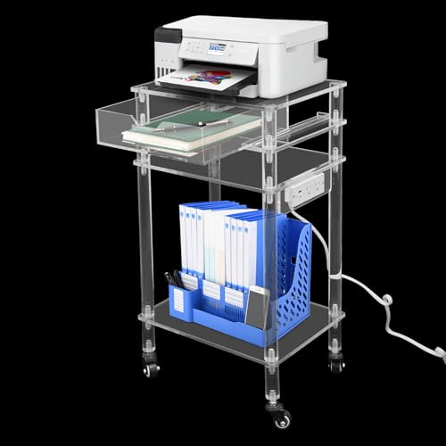 YUYFCC Support d'imprimante moderne en acrylique transparent avec ports USB, table d'imprimante multifonction avec roues et tiroir pour la maison, le bureau, le salon, la chambre à coucher