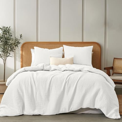Dreamzie Copripiumino Una Piazza e Mezza 155x220 in Cotone – Set con 1 Copripiumino e 2 Federe 80x80 cm – Bianco – Mussola di Cotone – Chiusura Lampo – Certificato Oeko-Tex