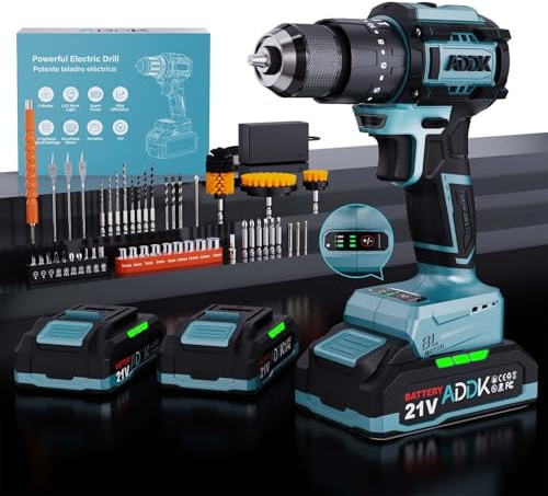 Trapano Avvitatore a Batteria, Avvitatore a Impulsi, Set di Trapano Senza Fili, 21 V, 2 Batterie 2.0Ah, 24+3 Impostazione Coppia, 3 Velocità, 56 Accessori, per Fai da te e Riparazioni