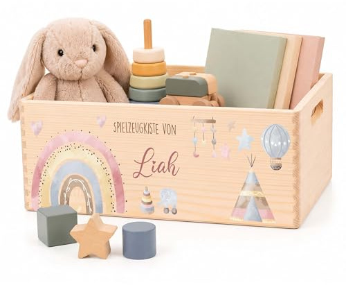 Kidsmood Holzkiste mit Wunschnamen – Stilvolle Spielzeugkiste für Baby- & Kinderzimmer | Ideale Aufbewahrungsbox für Kinder zur Spielzeug Aufbewahrung | Personalisierte Geschenke Baby - Regenbogen