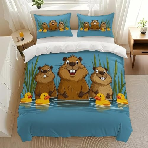 SANTOZORY Beavers Ducks Water Bedding Comforter Sets Bedding Set 3 Pieces (1 Duvet Cover 2 Pillowcases) with Zipper Closure Lightweight