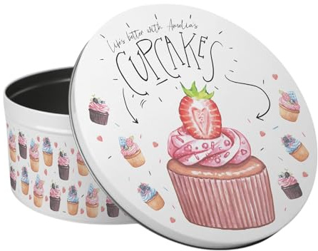 Purely Home Personalised Cupcakes Cake Tin - Kitchen Gifts Large Round Metal Storage Container for Baking 23 x 10cm