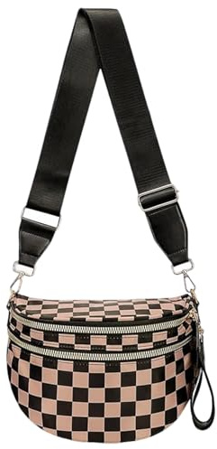 JEBELE Sac à bandoulière pour femme en nylon - Sac banane à bandoulière robuste et polyvalent avec plusieurs poches, Marron à carreaux, Décontracté