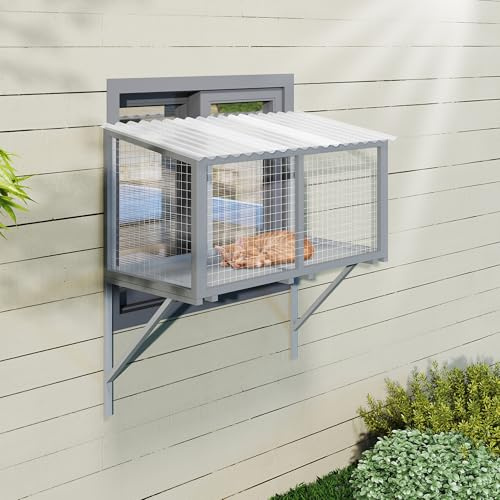 Outdoor Katzenfenster Catio aus Holz – Wetterfester Katzen-Fensterkasten mit verzinktem Drahtgitter & PVC-Dach, Große Aussichtsplattform für Katzen, Stabil an der Wand montierbar (Dunkelgrau)