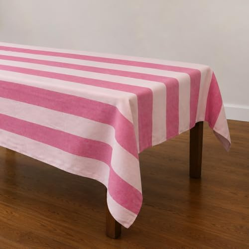 Talking Tables Pink Stripe 80% Cotton XL Tablecloth Reusable Fabric Dining Table Cover for Garden Parties Summer Lunches Weddings Picnics Washable Soft Woven 80% Cotton 20% Polyester 160cm x 250cm