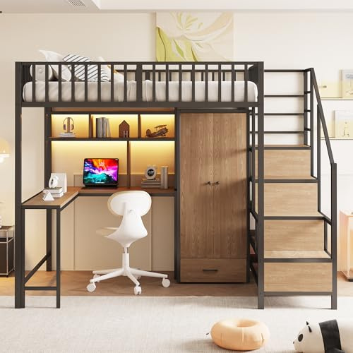 Merax Metall Hochbett 140x200 cm, mit Schreibtisch, Regal, Kleiderschrank und Schubladen, Hochbett mit LED Beleuchtung, Steckdose, USB Typ C, Schwarz (ohne Matratze)