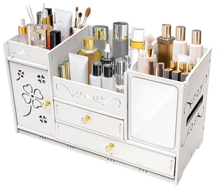 WOLEGM Organizer per trucchi con cassetti, organizer per pennelli con porta, in plastica multifunzionale, con manici e specchi, grande conservazione con scatola in tessuto