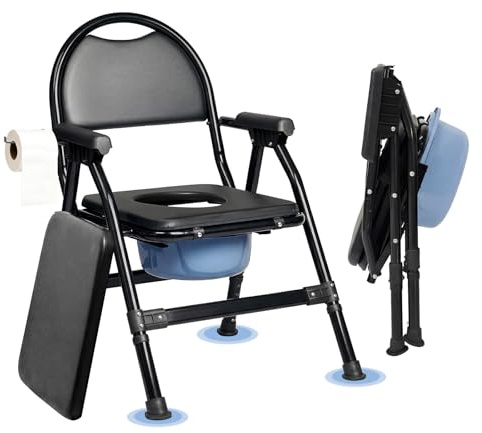 Commode Toilet Chair, Height Adjustable Bedside Commode Chairs, Foldable Toilet Chair for Elderly & Disabled, Portable Toilets for Adults with Padded Back and Seat and Non-Slip Leg, Holds up to 150KG