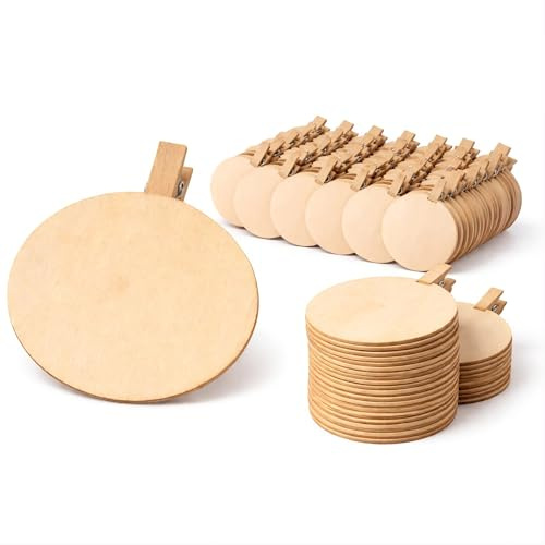 HRB 96er Set Holz Namensschilder mit Klammer – Runde Tischkarten & Pflanzenschilder aus Holz – Beschriftbare Deko-Klammern für Hochzeit, Geschenke, Kräuter & Tischdeko