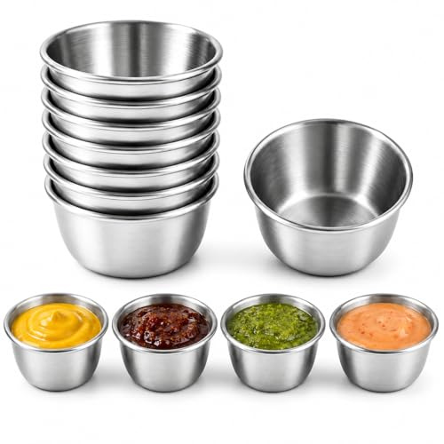 8 PCS Stainless Steel Sauce Cups 2oz Mini Dip Bowls,Small Stainless Steel Bowls for Dipping Sauce,Soy Sauce Dish,Condiment Cups,Ramekins & Seasoning Bowls,Reusable Metal Dip Bowls for Kitchen,BBQ