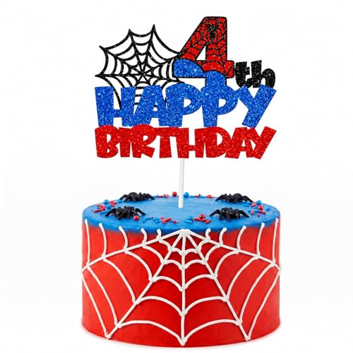 Qwrqwr 1pcs Spider Happy Birthday Cake Topper Red Blue Glitter 4th Birthday Cake Topper for Boys Girls Spider Themed Party Cake Decoration