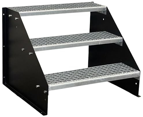 SRM Design 3 Stufen Standtreppe Stahltreppe Wangentreppe Gitterrosttreppe freistehend Breite 100cm Höhe 63cm Schwarz/Robuste Außentreppe/Stabile Industrietreppe für den Außenbereich