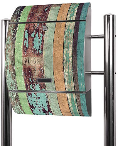 banjado® Standbriefkasten Edelstahl mit Zeitungsfach Motiv Bunte Bretterwand/Briefkasten mit Standfuß/Edelstahl Briefkasten freistehend - A4 Einwurf inkl. 2 Schlüssel